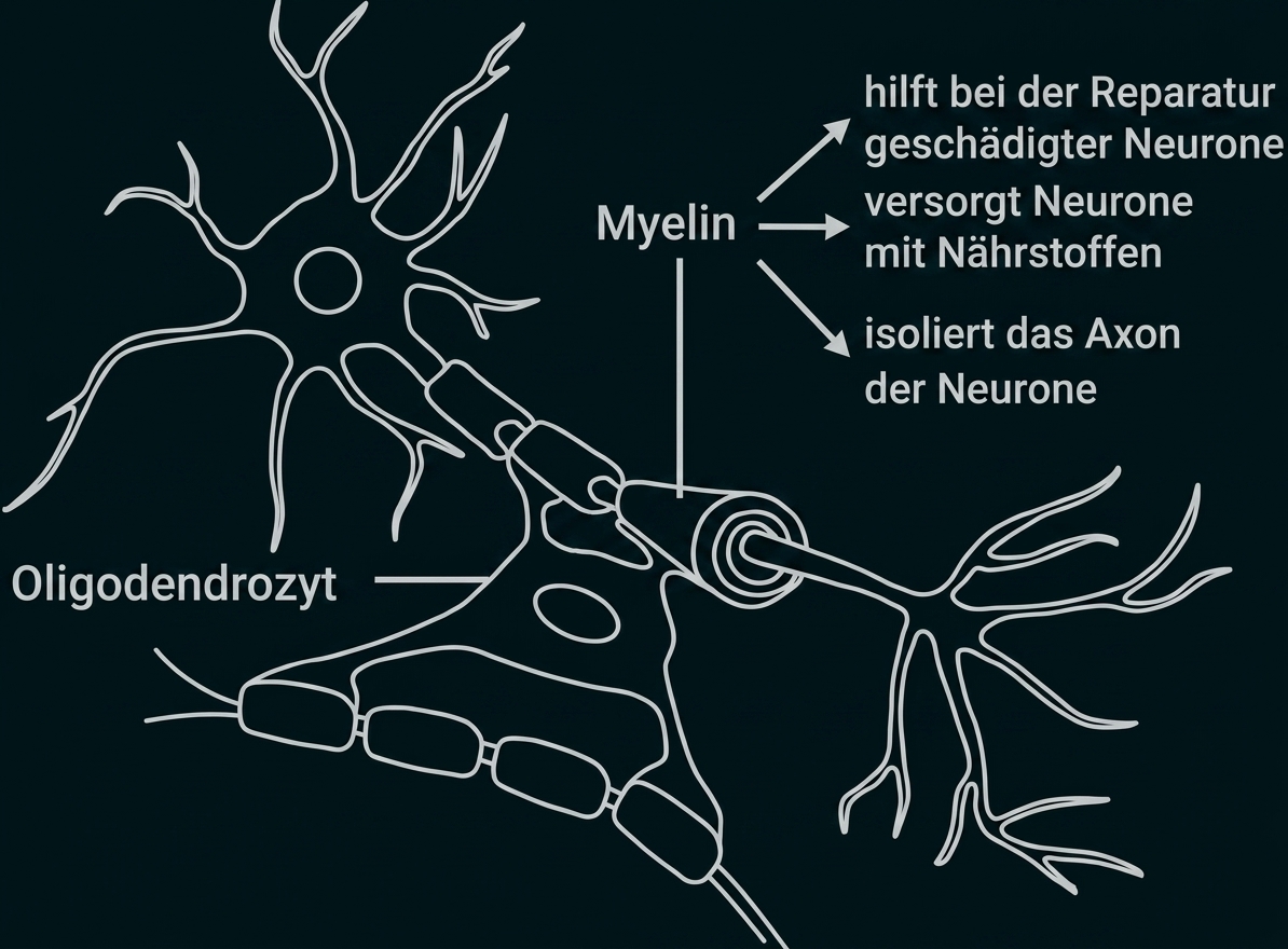 Schematische Zeichnung: Oligodendrozyt bildet Myelinscheide um Axon, isoliert und versorgt Neurone.